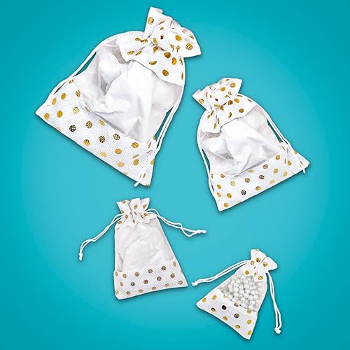 Miniatura 4 de Paquete de 12 bolsas de regalo pequeñas de lino, arpillera y organza con cordones (3.5 x 5.5 pulgadas, lunares blancosdorados) - Recuerdos de