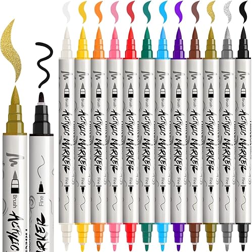 TRANSON Juego de bolígrafos de pintura acrílica de doble punta para lienzo Rock Madera Cuero Cerámica DIY Pintura 12 Color