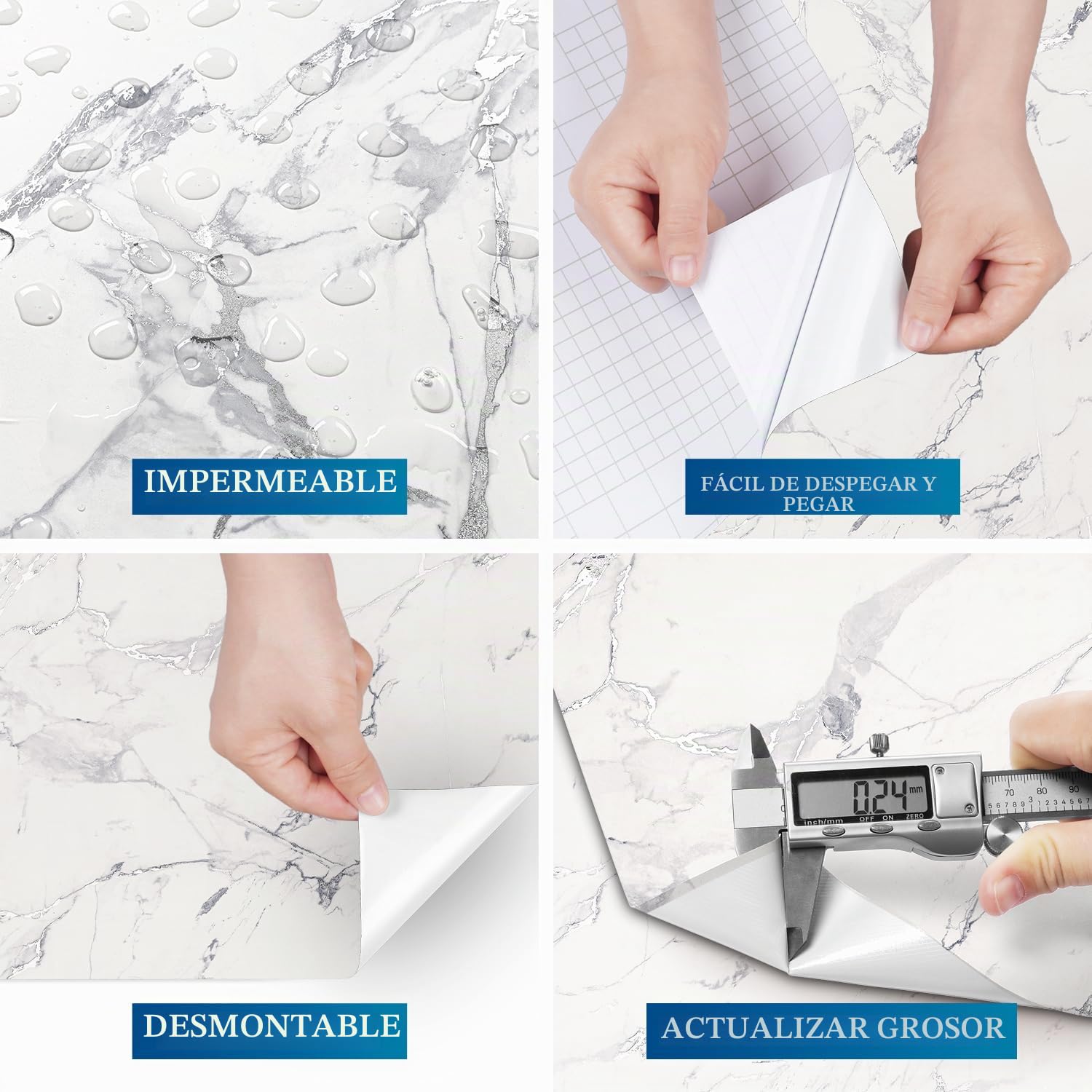 FunStick 60CM×5M Papel Pintado Baño Marmol Blanco Papel Adhesivo para Encimera Cocina Muebles Vinilo Adhesivo Marmol Blanco Plateado Vinilo Autoadhesivo Pared Salón Lavable Vinilos para Muebles Cocina