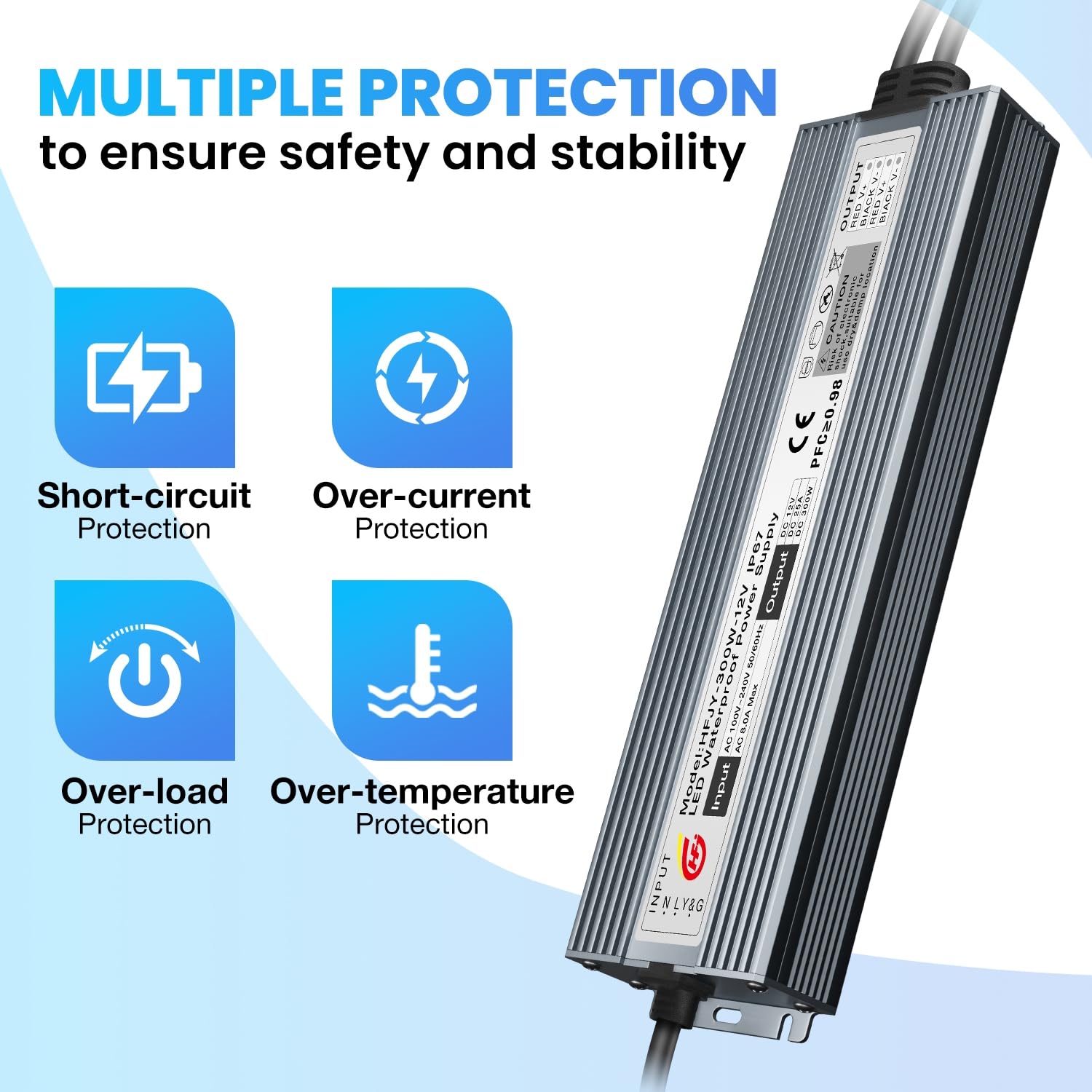LED Driver 300W Waterproof Power Supply IP67 Transformer, Adapter Converter AC 100V-265V AC to 12V DC 25A Low Voltage Output with 3-Prong Plug for LED Light, Computer Project, Outdoor Use