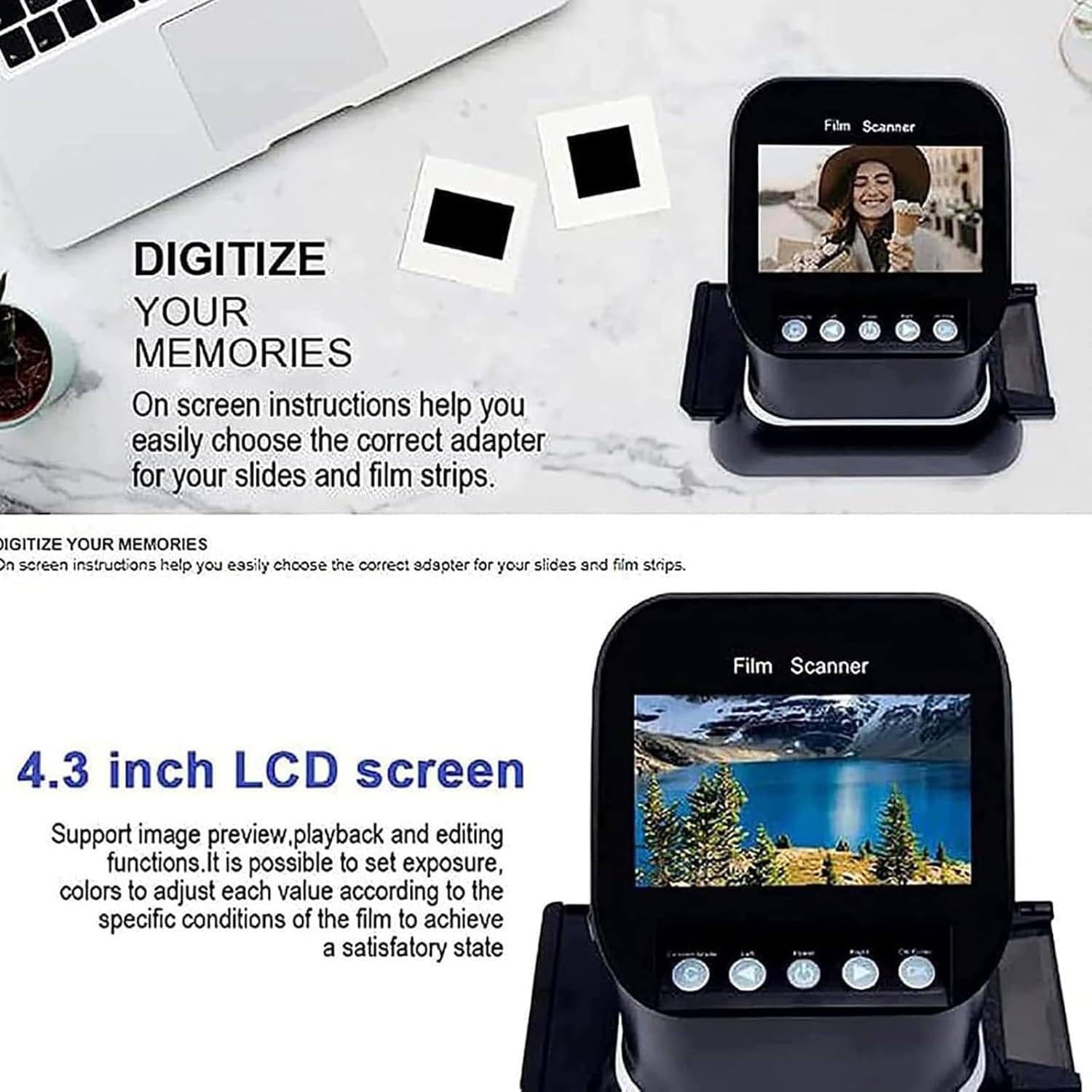 Scanner per Diapositive E Negativi 22 MP, Convertitore Ad Alta Risoluzione con Display 4,3", Scansione Rapida HD per Pellicole 35 Mm/120/126/127 E Vecchie Foto