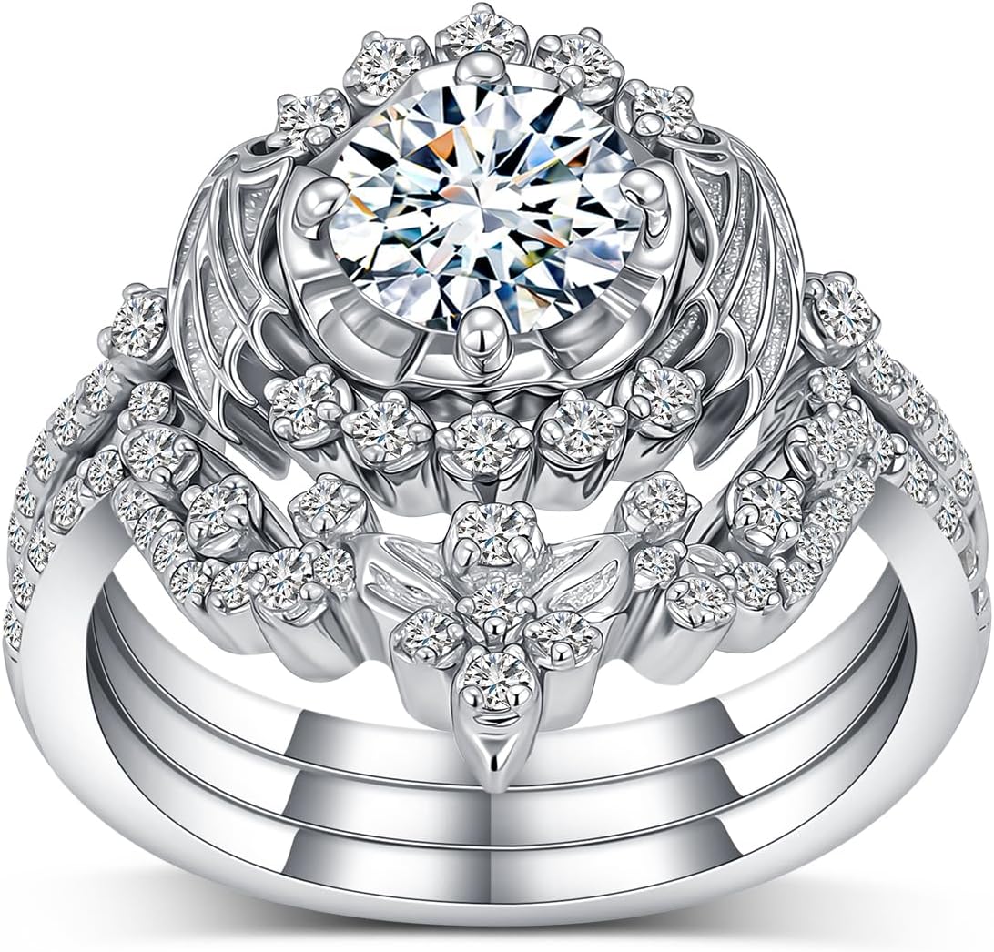 Round Cut Moissanite Wedding Ring Set for Women, 10K 14K 18K Gold Round Half Halo 1-2 CT Moissanite Flower Cluster Engagement Ring Wedding Band Bridal Ring Sets Jewelry Gifts for Her