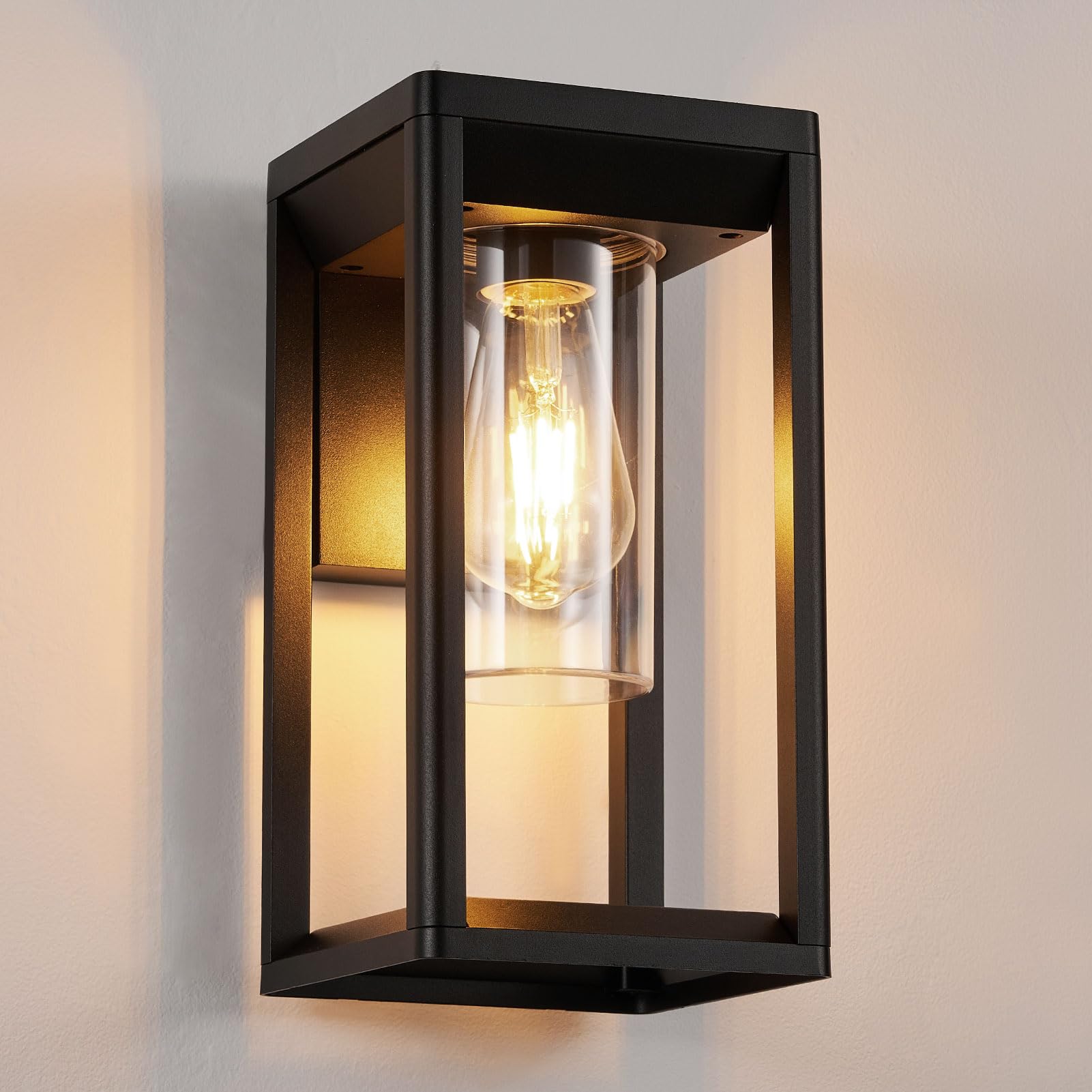 HARPER LIVING Outdoor Wall Lights Lantern Mains Powered, IP65 Weatherproof Black Aluminum, E27 Socket Outside Wall Lamp with Clear Shade, Security Lights for Porch Front Door Garden Patio, Rectangle