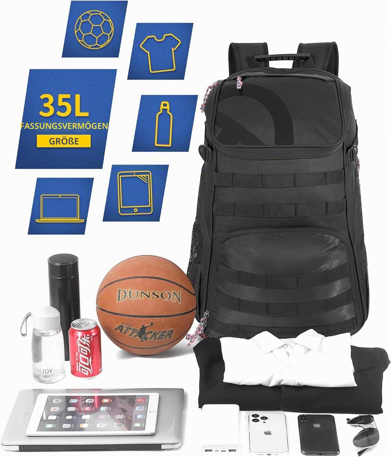 Großer Basketball-Rucksack für Männer, Frauen & Kinder - 35L Fassungsvermögen mit Ballfach & Schuhbeutel - Geeignet für Fußball, Volleyball, Football & Mehr