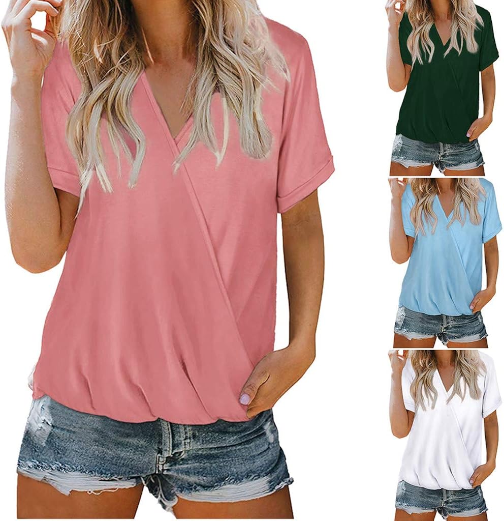 TRENDINAO Women's Pleated V-Neck Bloues Summer Short Sleeve Flowy Tunic Top Drape Wrap Front Casual Shirts at  Women’s Clothing store
