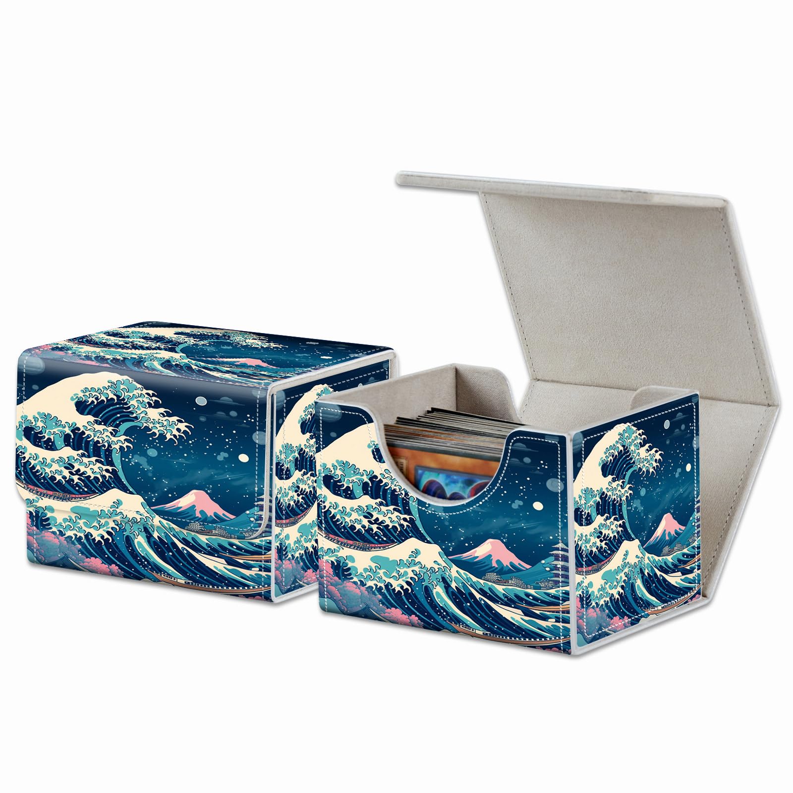 Scatola per carte con magnete forte, scatola per carte da gioco, scatola magica TCG fino a 200 carte, motivo creativo, per giochi di carte collezionabili, onde blu