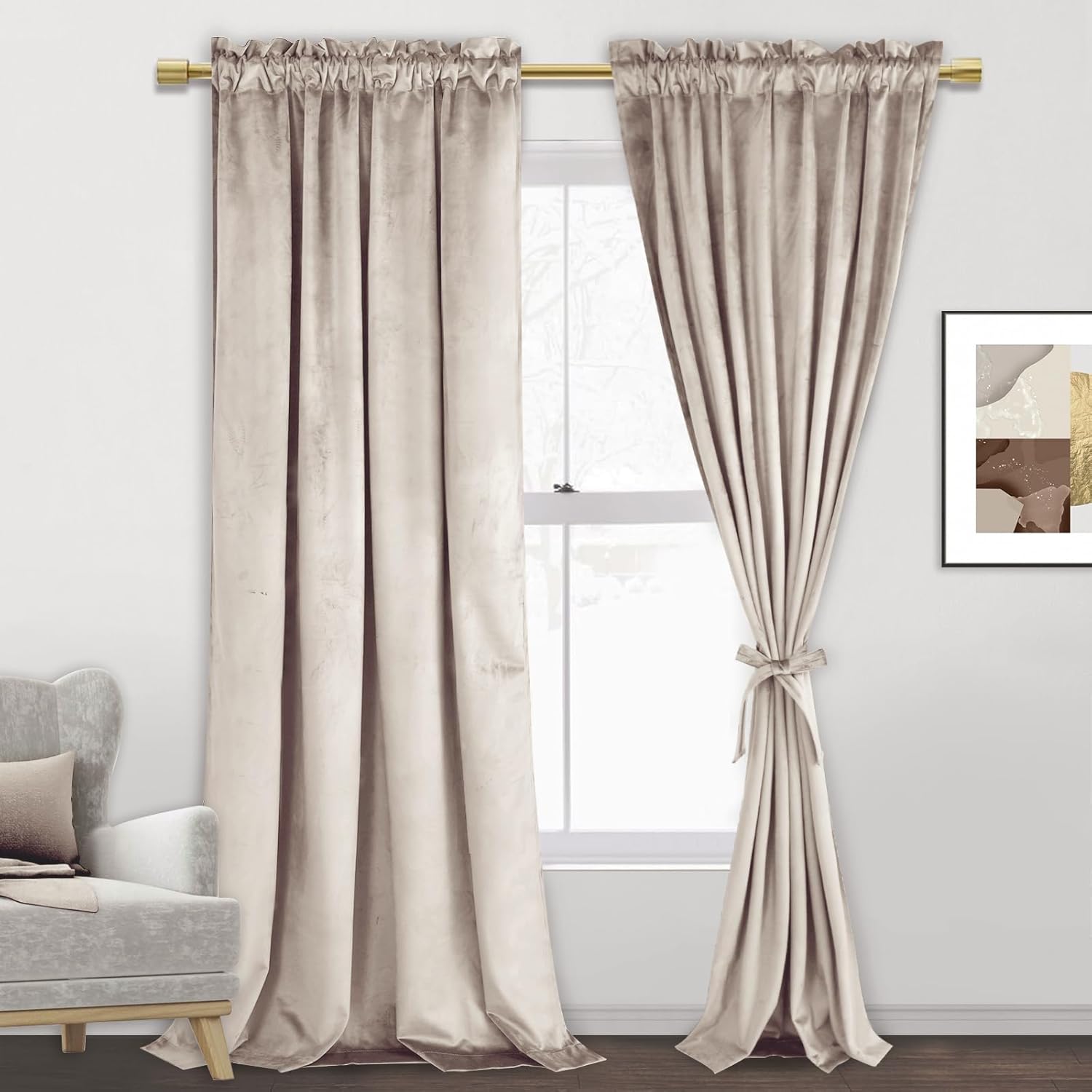 JIUZHEN Beige Velvet Curtains 96 inches for Living Room - Soft Retro ...