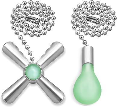 Silver Ceiling Fan Pull Chain Set, 2Pack 3mm Diameter Beaded Fluorescent Decorative Pendant Extension, 12in Lighting & Fan Chain Extender with Connector Glow in The DarkSilver
