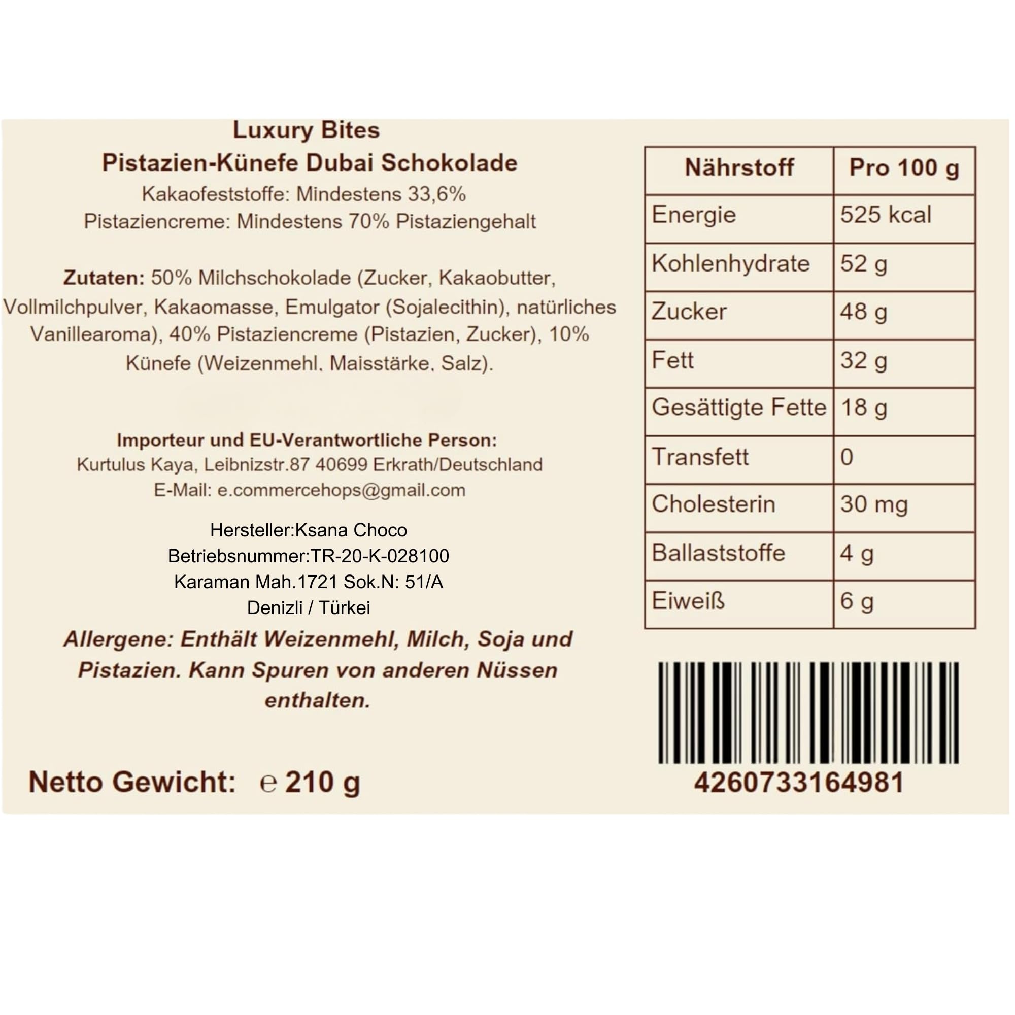 Dubajska czekolada z pistacjami, ręcznie wykonana z belgijskiej czekolady, kunafy i pistacji, 210 g