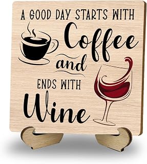 Coffee And Wine Desk Decor Sign, Rustic Wooden Sign With Stand | A Good Day Starts With Coffee And Ends With Wine Signs for Farmhouse Home Kitchen Bar Shelf Table, Gifts for Family Friends