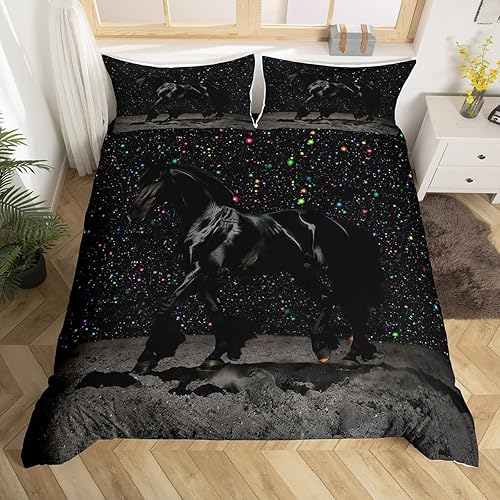 Castle Fairy Juego de ropa de cama de caballo negro, tamaño Queen, colorido y brillante cielo estrellado para niños, regalo de dormitorio infantil,