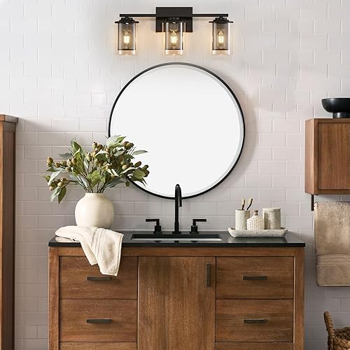 Miniatura 8 de Buevea Lámpara de tocador de níquel cepillado, 3 lámparas de baño con pantalla de vidrio transparente y malla de metal, moderna luz de tocador de