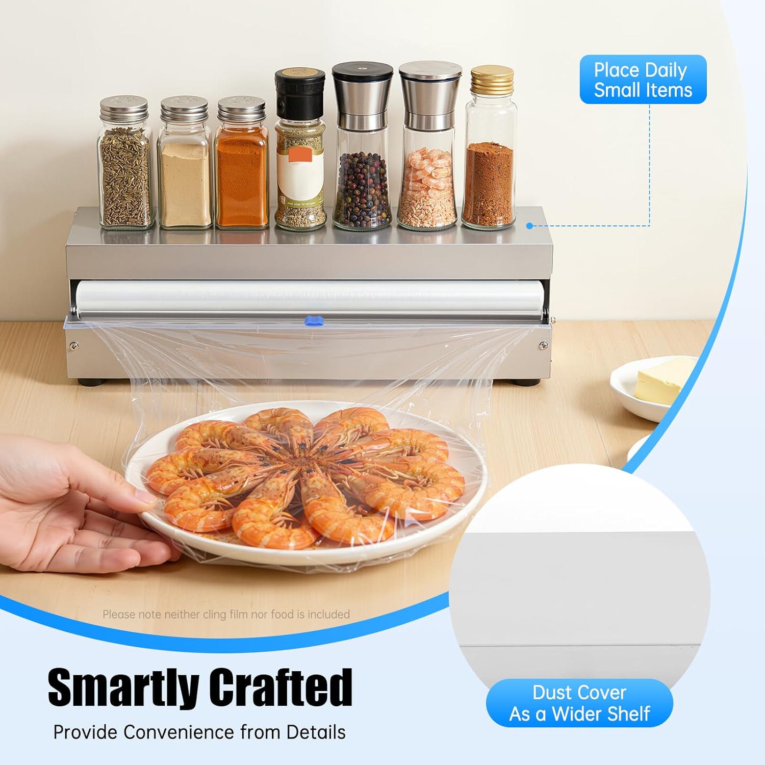 Manual Hand Food Wrap Dispenser, 18" Stainless Steel Cling Film Wrapping Machine with Slide Cutter for 10-18 Inch Width Cling Film - Commercial Stretch Food Packaging Wrap Holder