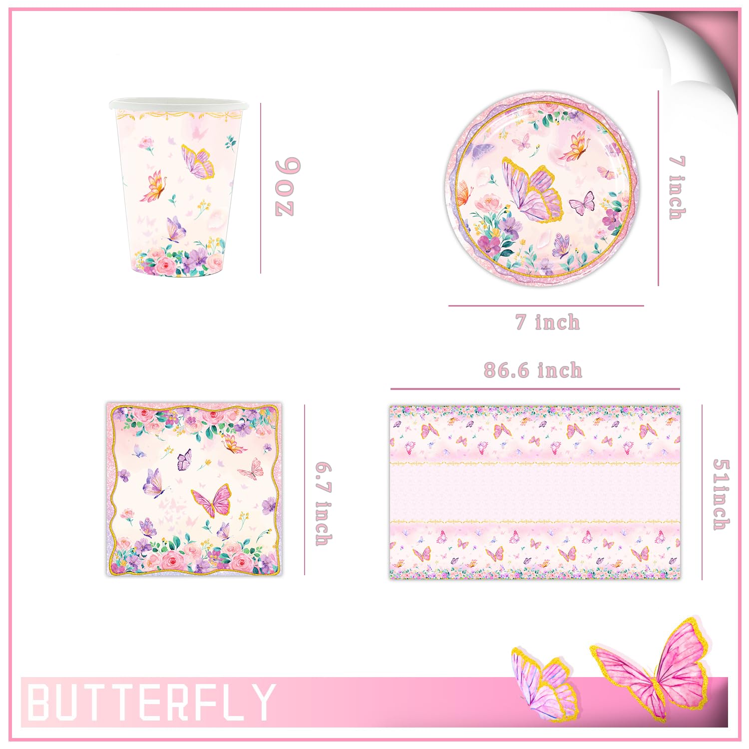 Doyomtoy Vajilla para fiestas de mariposas de colores, vajilla para cumpleaños infantiles, incluye vasos, platos, servilletas y cubiertos, adecuada para fiestas de cumpleaños