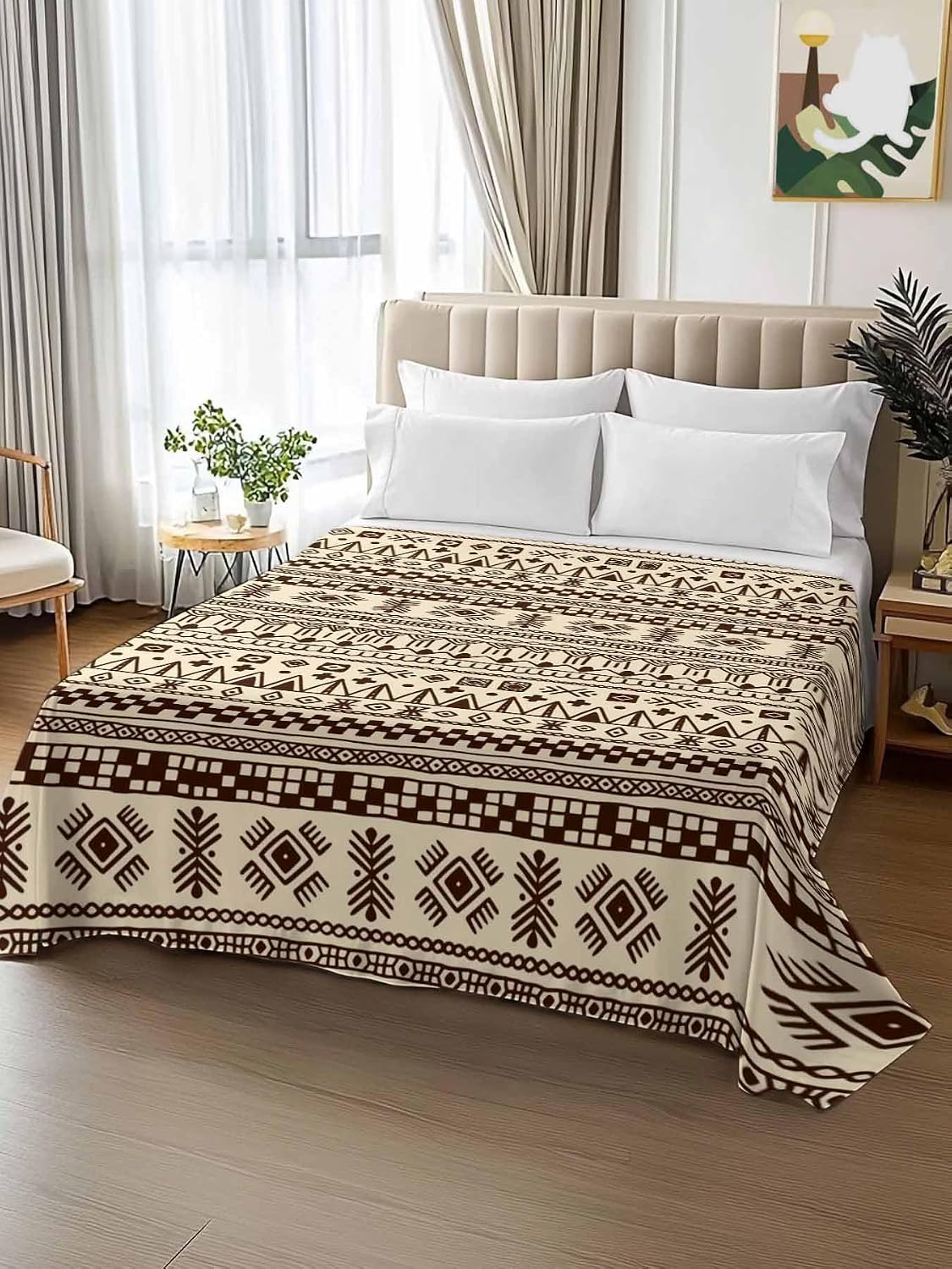 King Size Flat Sheet Only,Ethnic Abstract Geometric Brown Soft Top Bed Sheets Breathable Bedding Sheet African Traditional Line Microfiber Hotel Luxury Top Sheets