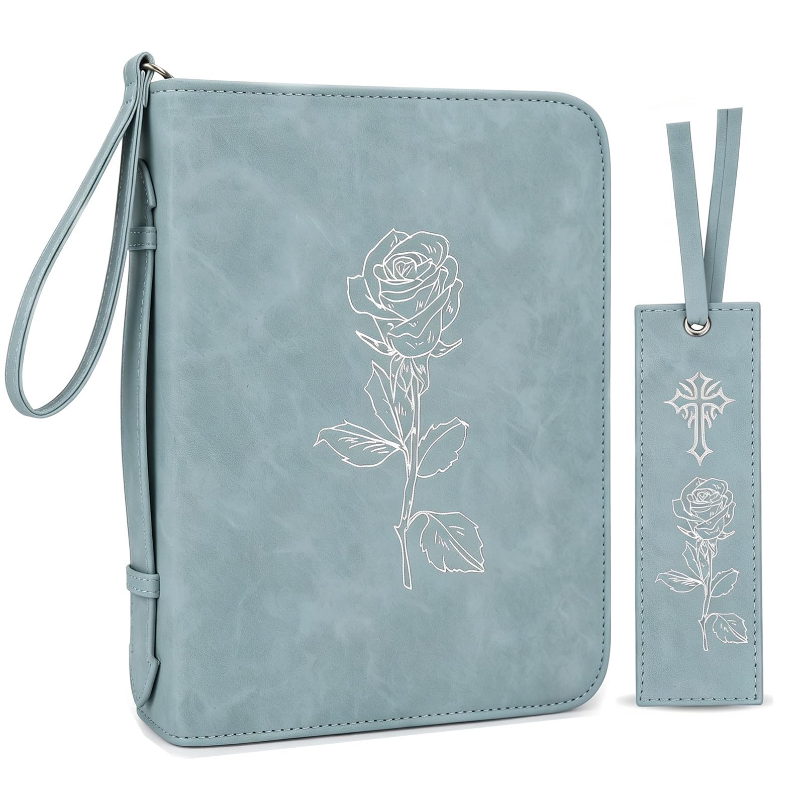 Bible Cover for Women - Leather Study Case with Bookmark, Supplies Carrying Bag Tote with Strap, Personalized Book Organizer for Journaling (Blue)