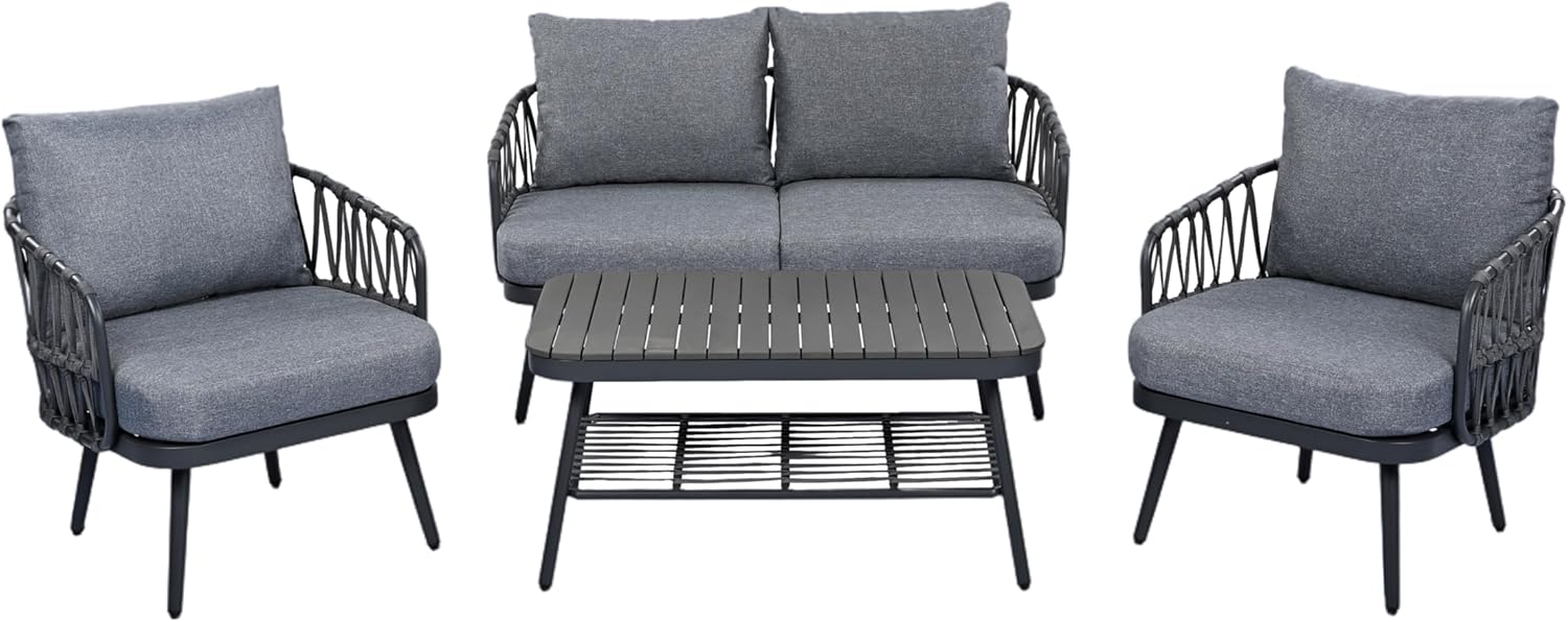 U-Shaped Backrest,2 -Seater Sofa,2-Chairs,Coffee Table, Set,4-Piece, Fabric,Woven Rope, Metal Frame,with Thick Cushions, Outdoor Patio Garden, Poolside,