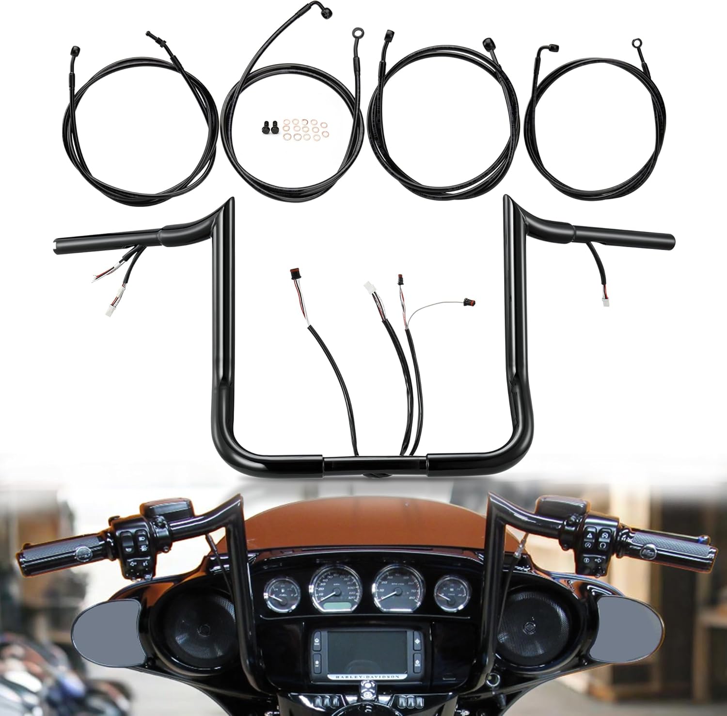 14" Rise Fully Prewired Street Glide Handlebars 1 1/4" Fat Ape Hangers & Brake/Clutch Lines Kit for 2017-2020 Harley Touring Street Glide, Electra Glide, Ultra Limited, Black