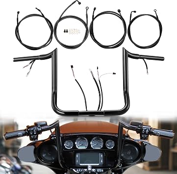14" Prewired Bar & Cable Kit 1.25" for 2017-2020 Street Glide | Touring Electra Glide, Ultra Limited, Harley Meathook Ape Hanger Handlebars, Black No Heated Grip Wires