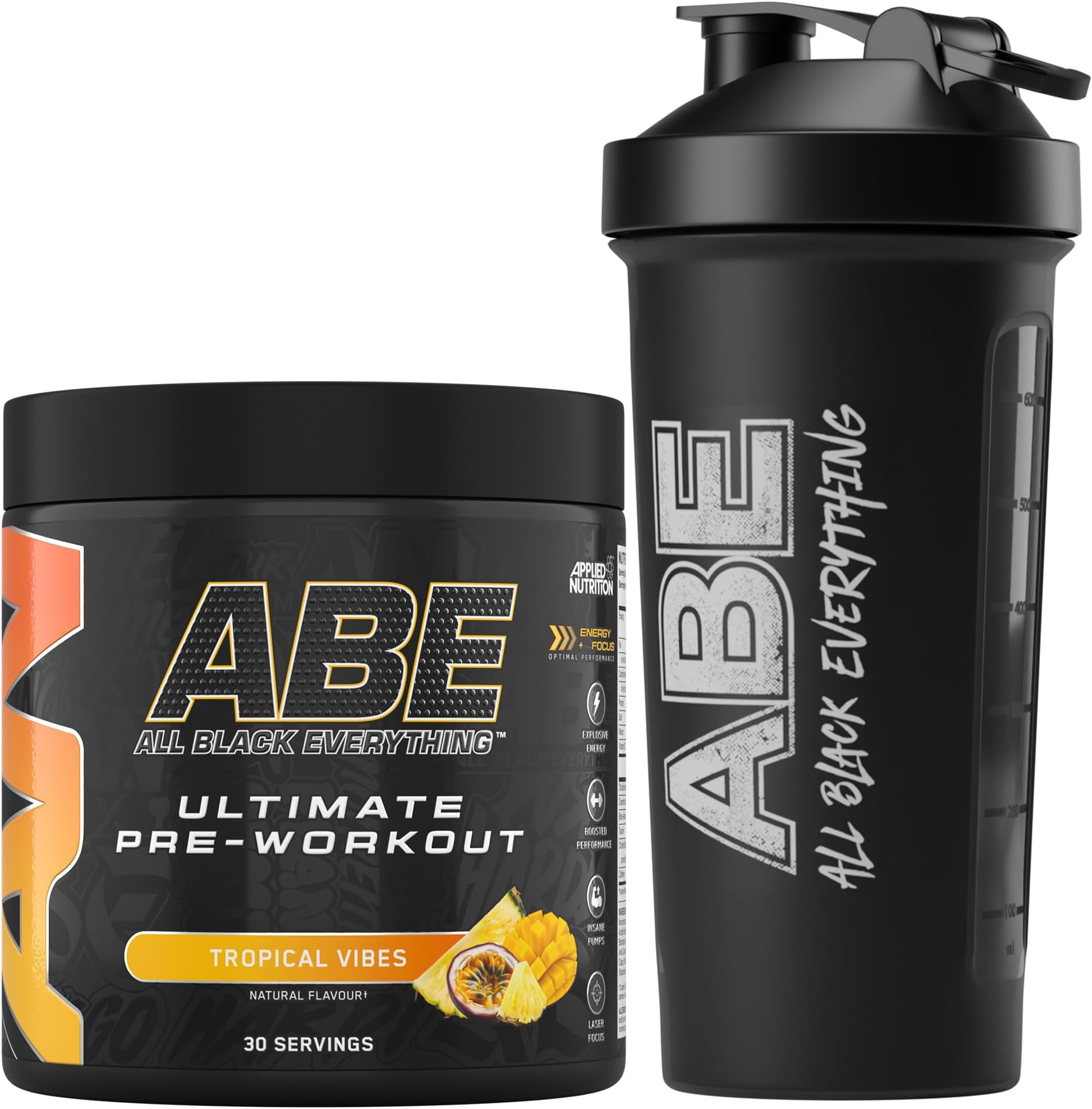 Applied Nutrition Bundle ABE Pre Workout 375g + ABE Black Shaker 700ml | All Black Everything Pre Workout Powder, Energy Drink, Physical Performance, Creatine, Beta Alanine, Caffeine (Tropical)