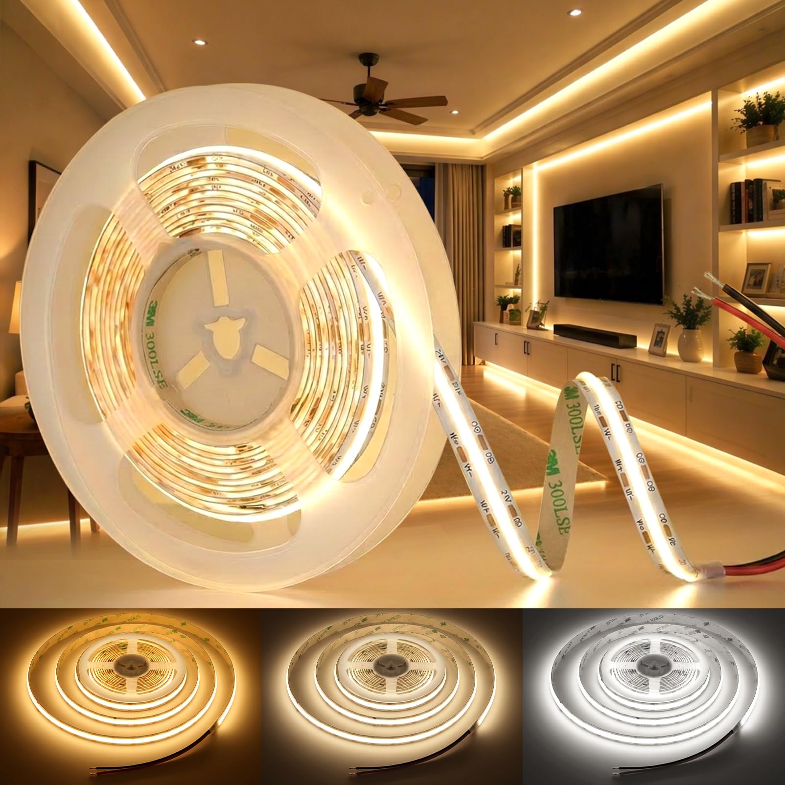 BAGZY COB CCT LED Strip Light 24V 5M Self Adhesive Dimmable Width 8mm Cuttable LED Strip 480LEDs/M Tape Lights 3000K-6500K Uniform Dotless for Kitchen Under Cabinet Living Room (No Power Supply)