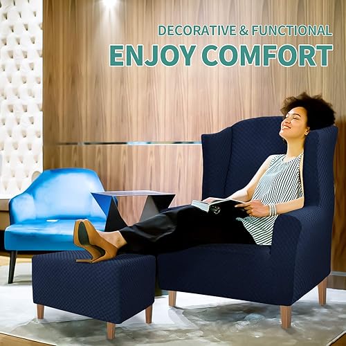 Miniatura 2 de YEMYHOM 1 funda elástica para silla con respaldo de ala + funda otomana de tamaño extra grande (azul marino)