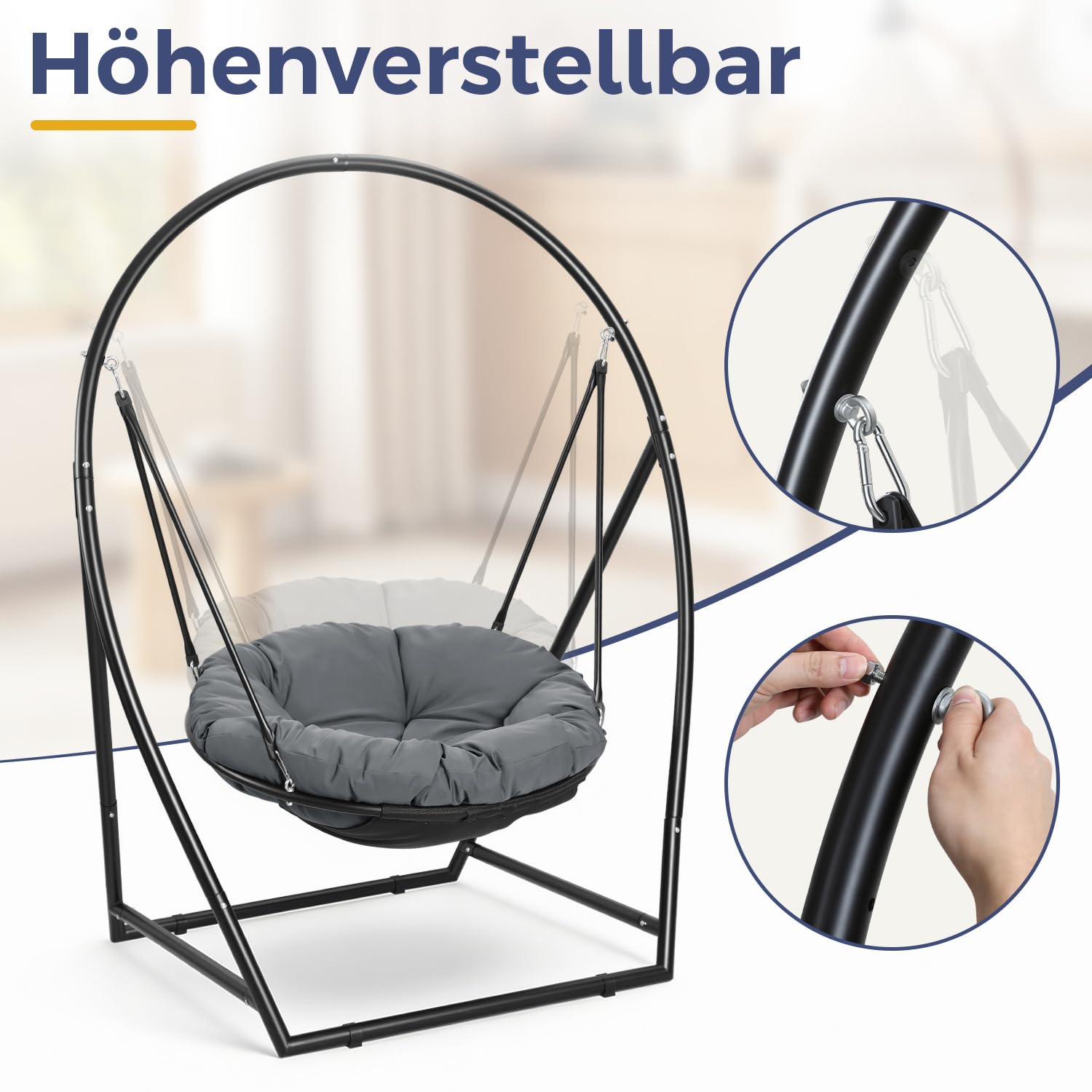 Hängesessel mit Gestell, Runder Hängesitz für Indoor und Outdoor, mit Großem Sitzkissen 100cm, Höhenverstellbar, bis 150kg Belastbar, Schwarz