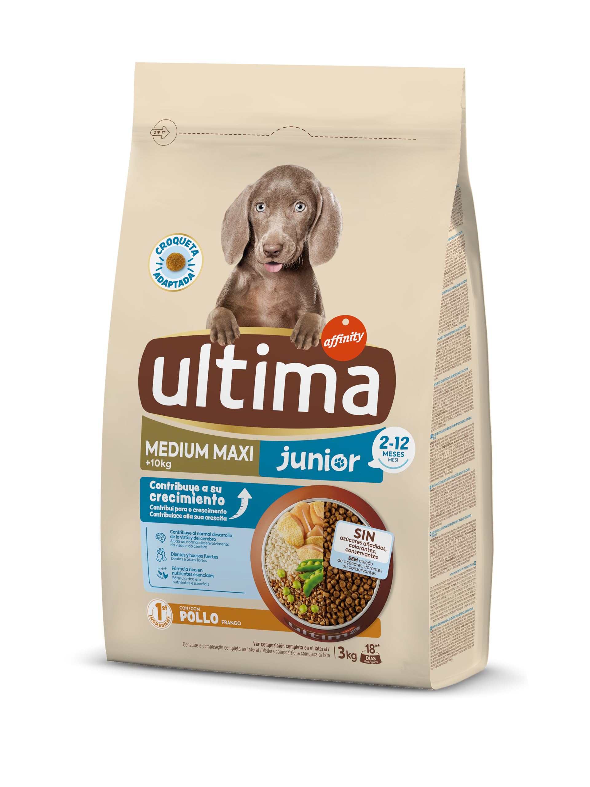 Ultima Medium-Maxi Junior Pollo, Comida seca para perros, Pack de 3 x 3kg, Total 9kg