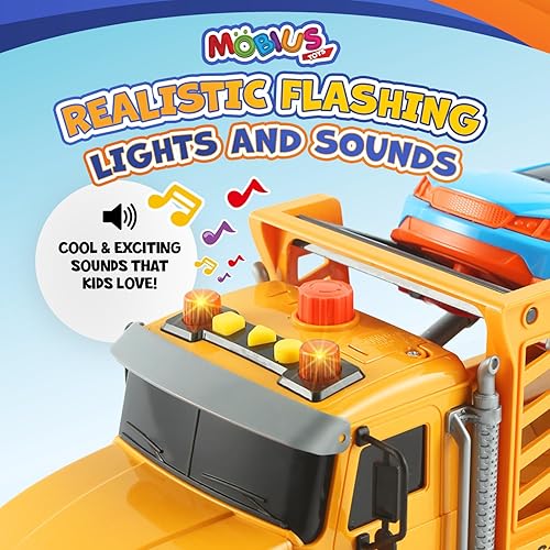 Miniatura 10 de Camión de cama plana excavadora de juguetes para niños  Camiones planos de construcción accionados por fricción con luces intermitentes y sonidos