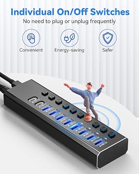 Powered USB Hub 3.2,10-Port USB 3.2/USB C Hub (10Gbps USB-A 3.2 +2 USB-C 3.2 +7 USB 3.0 Ports) with Individual On/Off Switches and 12V Power Adapter, Aluminum USB Hub Powered for Laptop PC