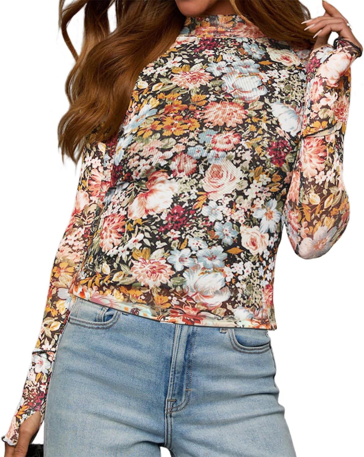 Dressmine Long Sleeve Mesh Tops for Women Mock Neck Floral Blouse Layering Sexy Fitted Going Out Top