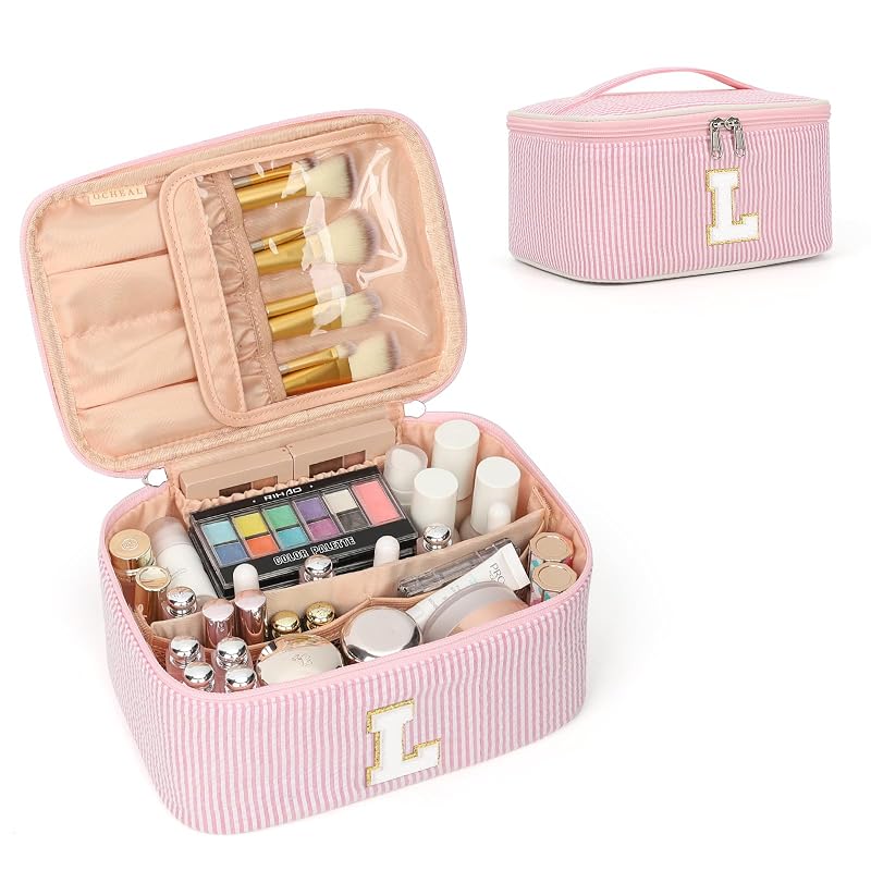 OCHEAL Necessaire de Maquiagem Rosa com Monograma e Letra Inicial L