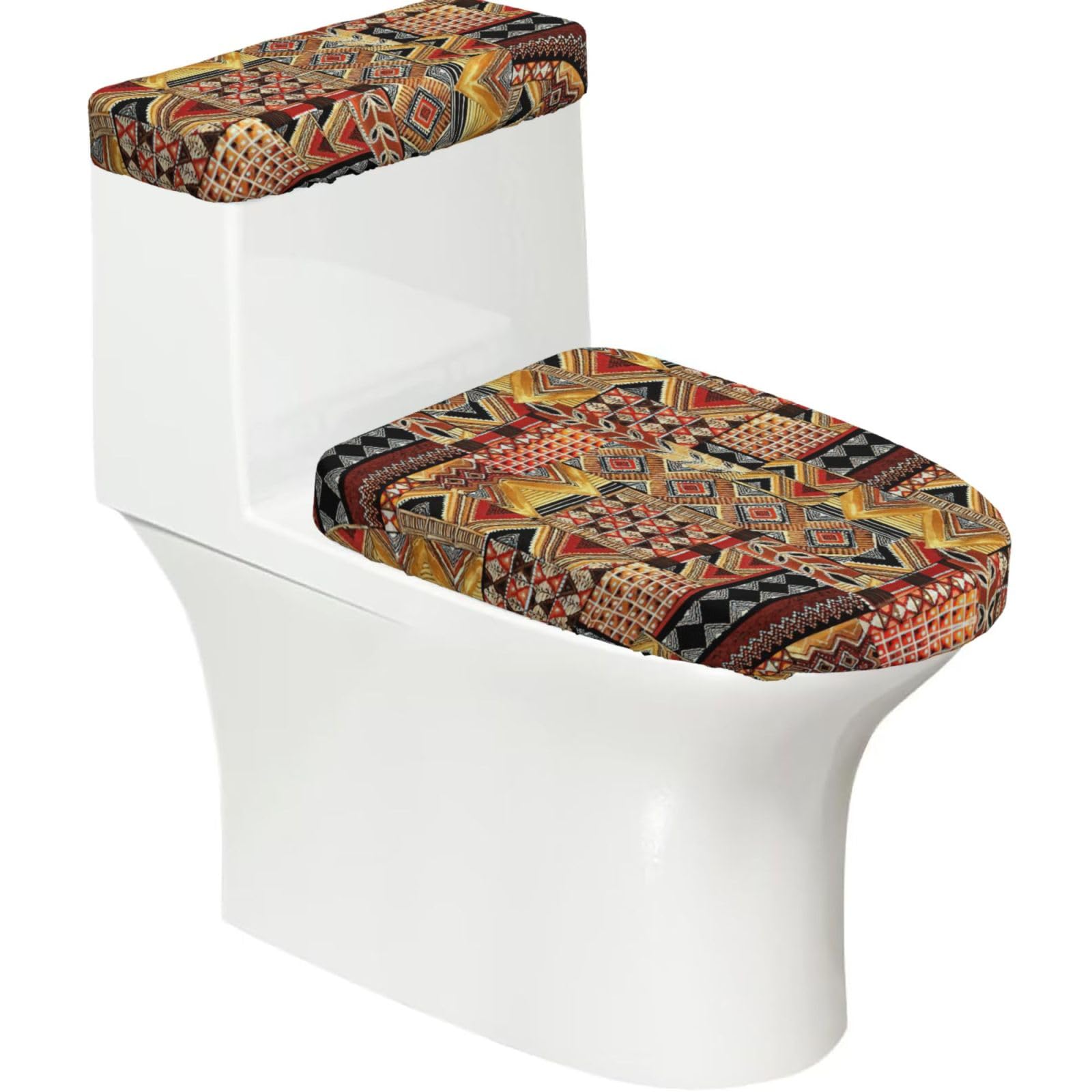 Flghjnbjn Black African Textile Patchwork Printed Toilet Tank And Lid Cover Set Of 2 For Most Bathrooms, Fits Elongated Round Toilets