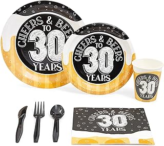 168 Pieces Cheers and Beers to 30 Years Party Decorations, 30th Birthday Plates, Napkins, Cups, Cutlery Set (Serves 24)