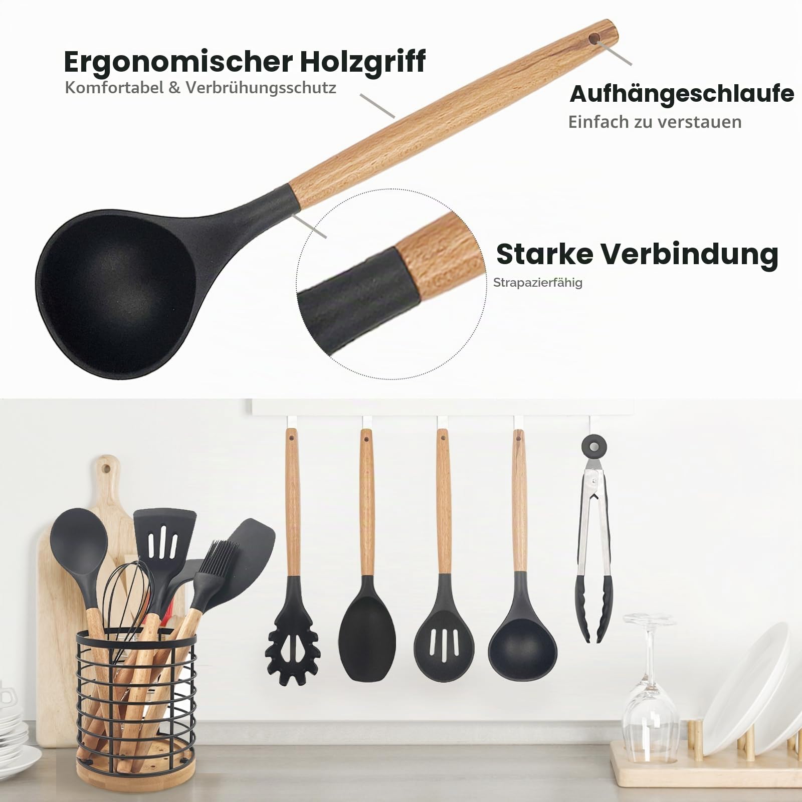 Daily Treasures 12PCS Silikon Küchenutensilien Sets,Holzgriff Kochutensilien Set mit Bauernhof Utensilienhalter,Hitzebeständig Antihaft-Küchenutensilien Set,Schwarzes Küchenzubehör Set Spatel