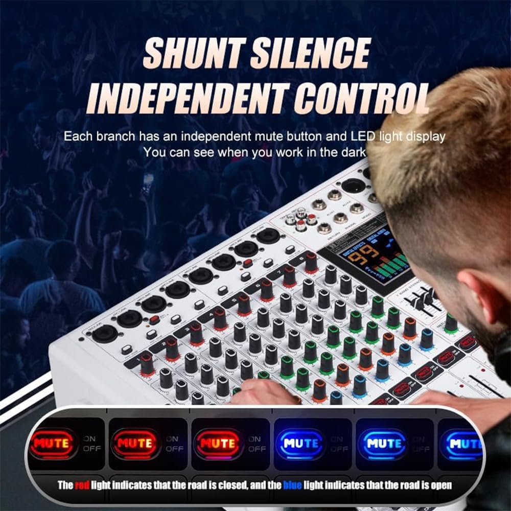 Condition photo showing New/Like New for gf8pro professional 8-channel dj console - with 7 stage equalizer, 99 reverb effects, lcd color screen, independent mute function for dj stage performance/studio/party karaoke
