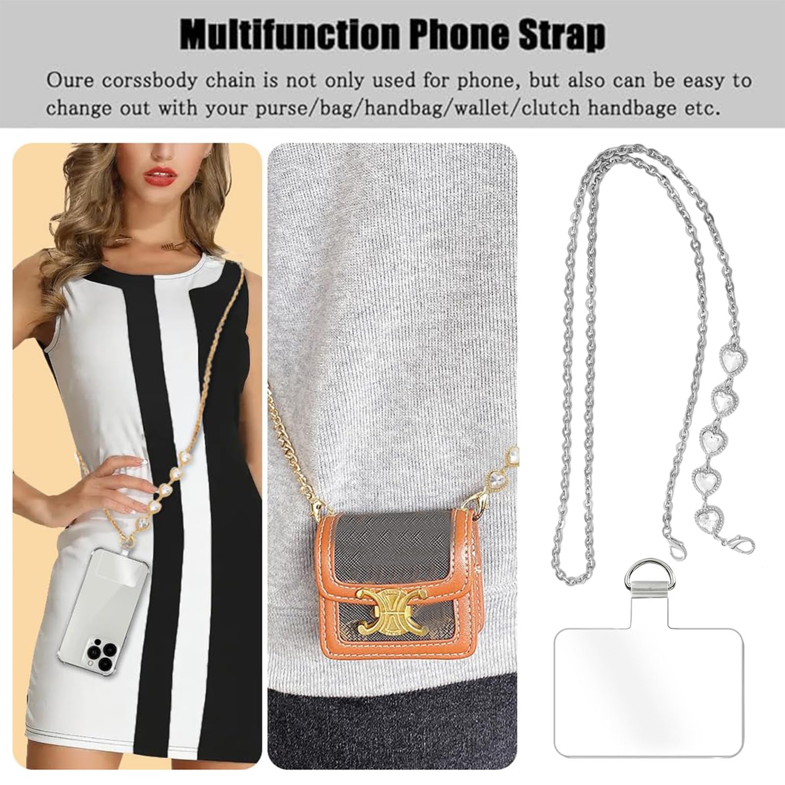 Ruzister Chaîne Bandoulière Téléphone Cuir + Métal – Lanière Croisée Réglable Avec Patchs – Sangle Universelle Élégante