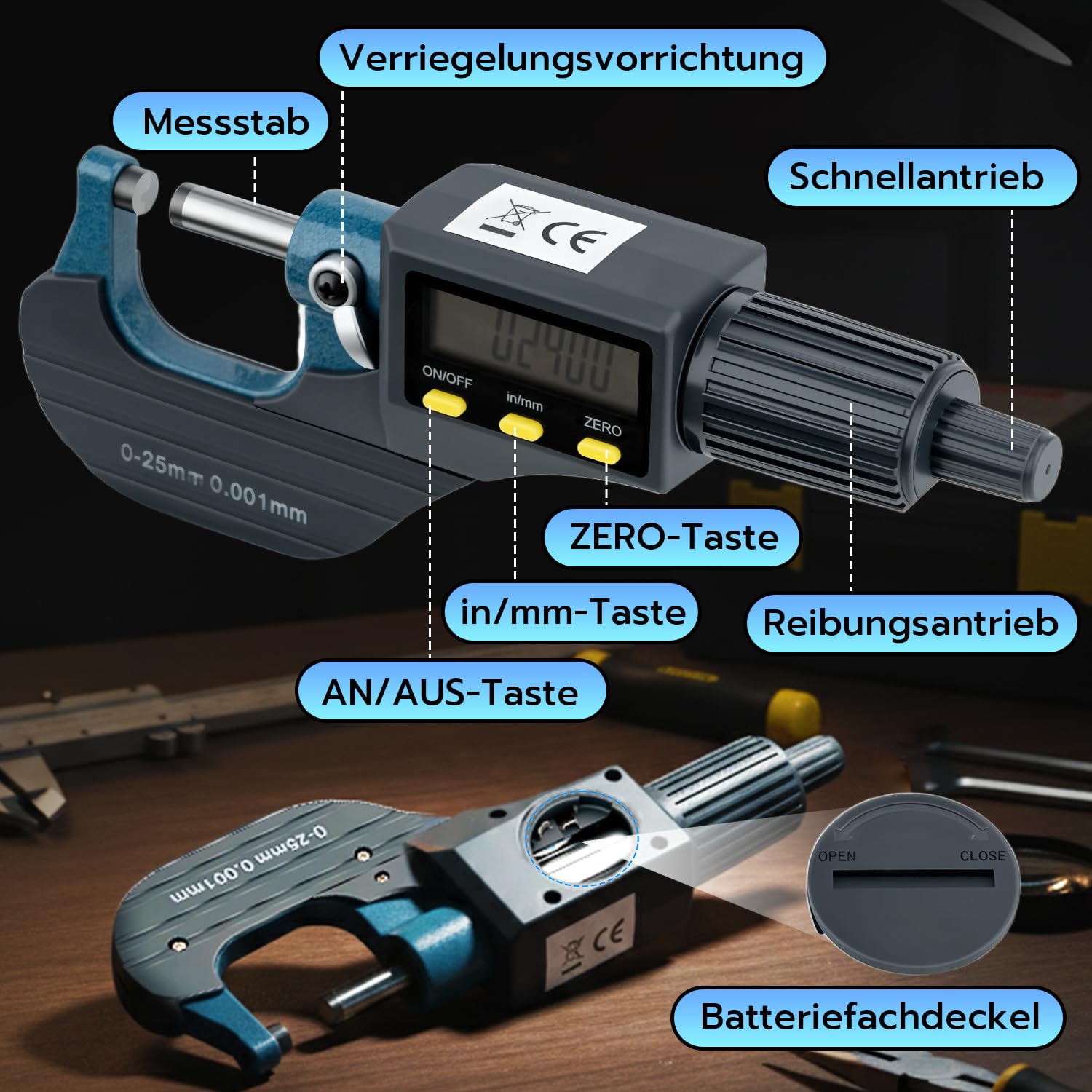 Digitales Mikrometer 0-25mm Mikrometerschraube Digital mit LCD-Display, Bügelmessschraube Elektronisch, 0.001mm Hohe Präzision, mm/Zoll für Werkstatt & Heimwerker