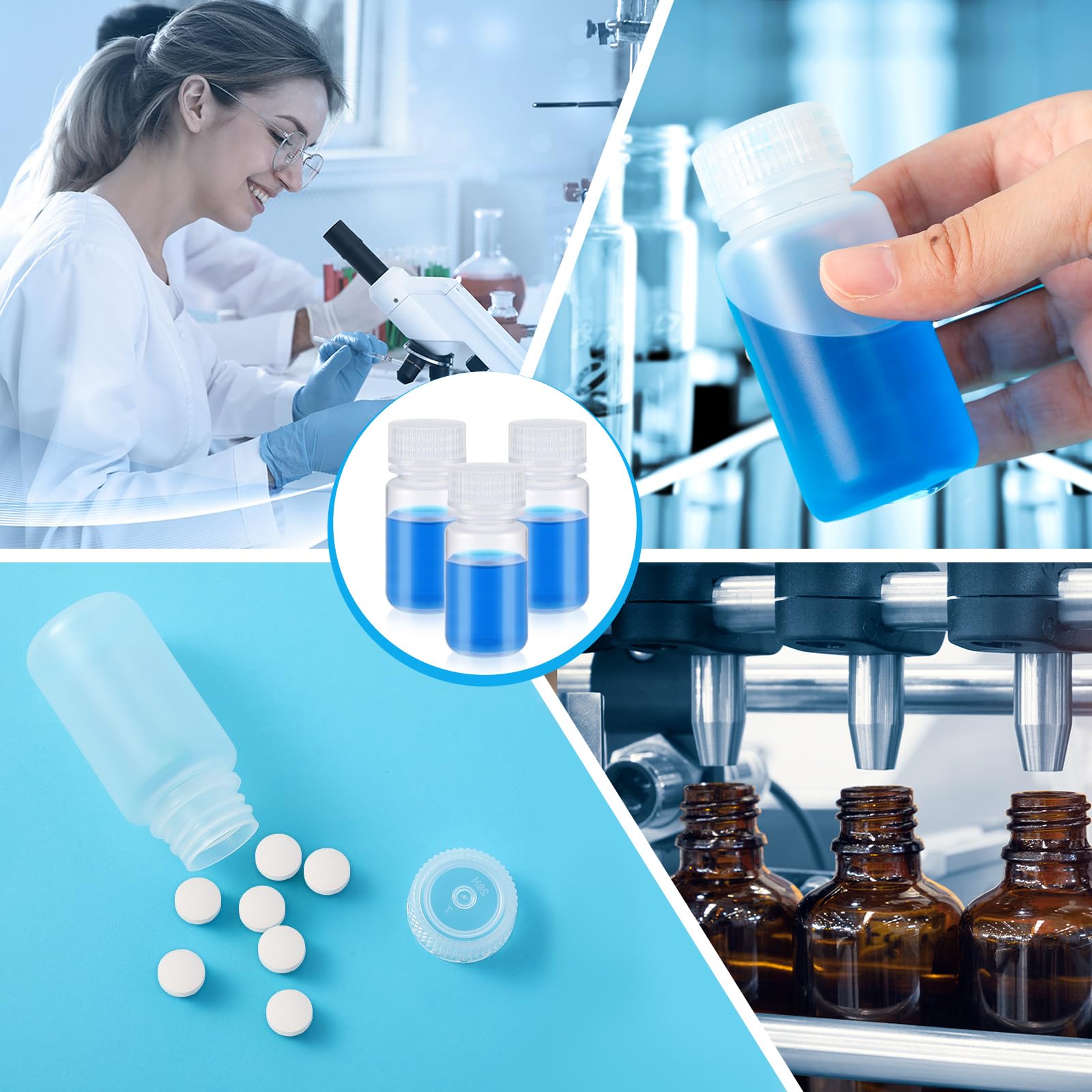Tatuo 48 botellas de plástico para muestras de píldoras de boca ancha, contenedor de reactivo de laboratorio con tapas, recipiente translúcido de muestra de agua de polipropileno para líquidos