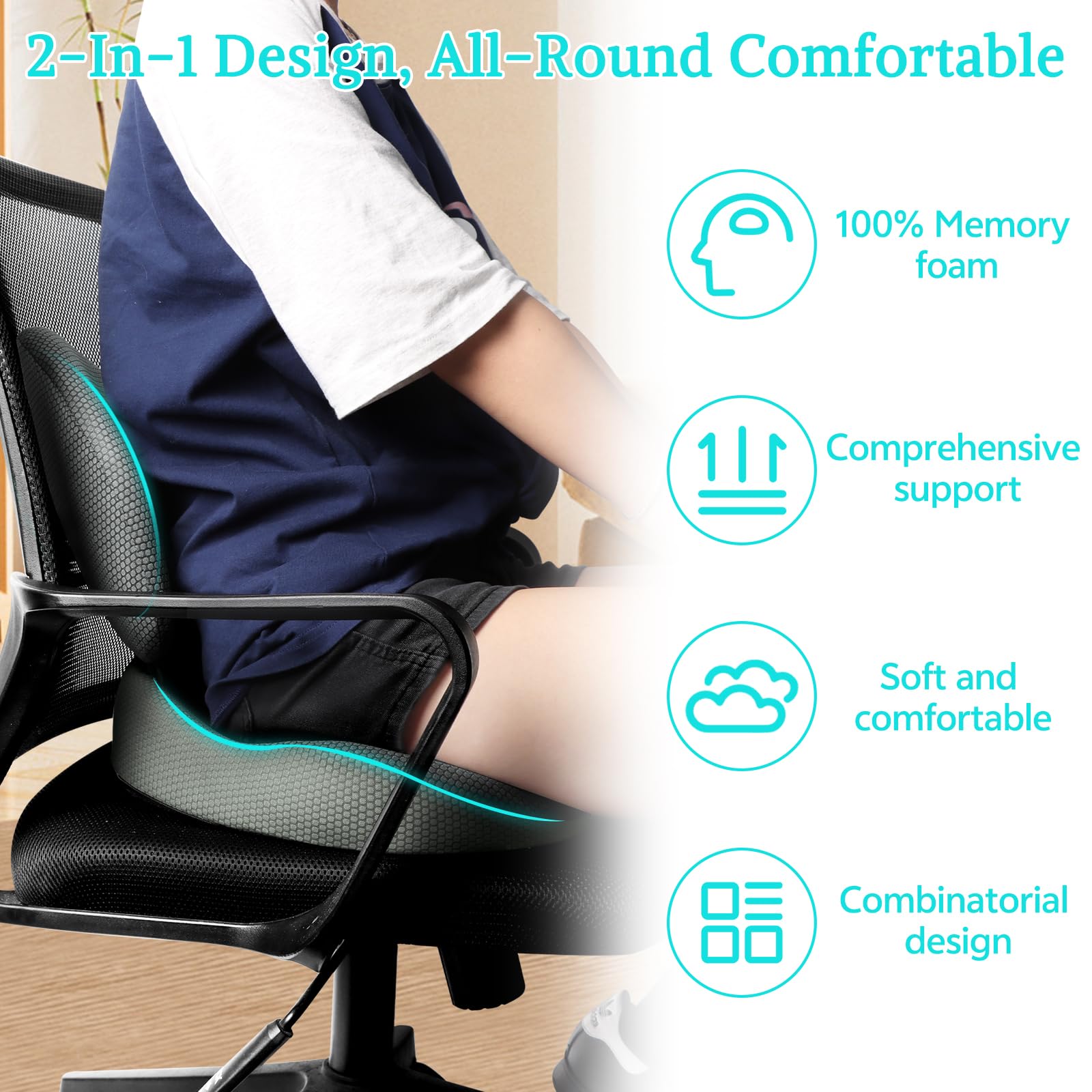 Suewidfay 2 en 1 Cojín de Asiento y Conjunto de cojín de Soporte Lumbar, Cojín de Asiento de Coche de Espuma de Memoria ergonómica, para Silla de Oficina, Coche, Silla de Ruedas, sillas de Juegos