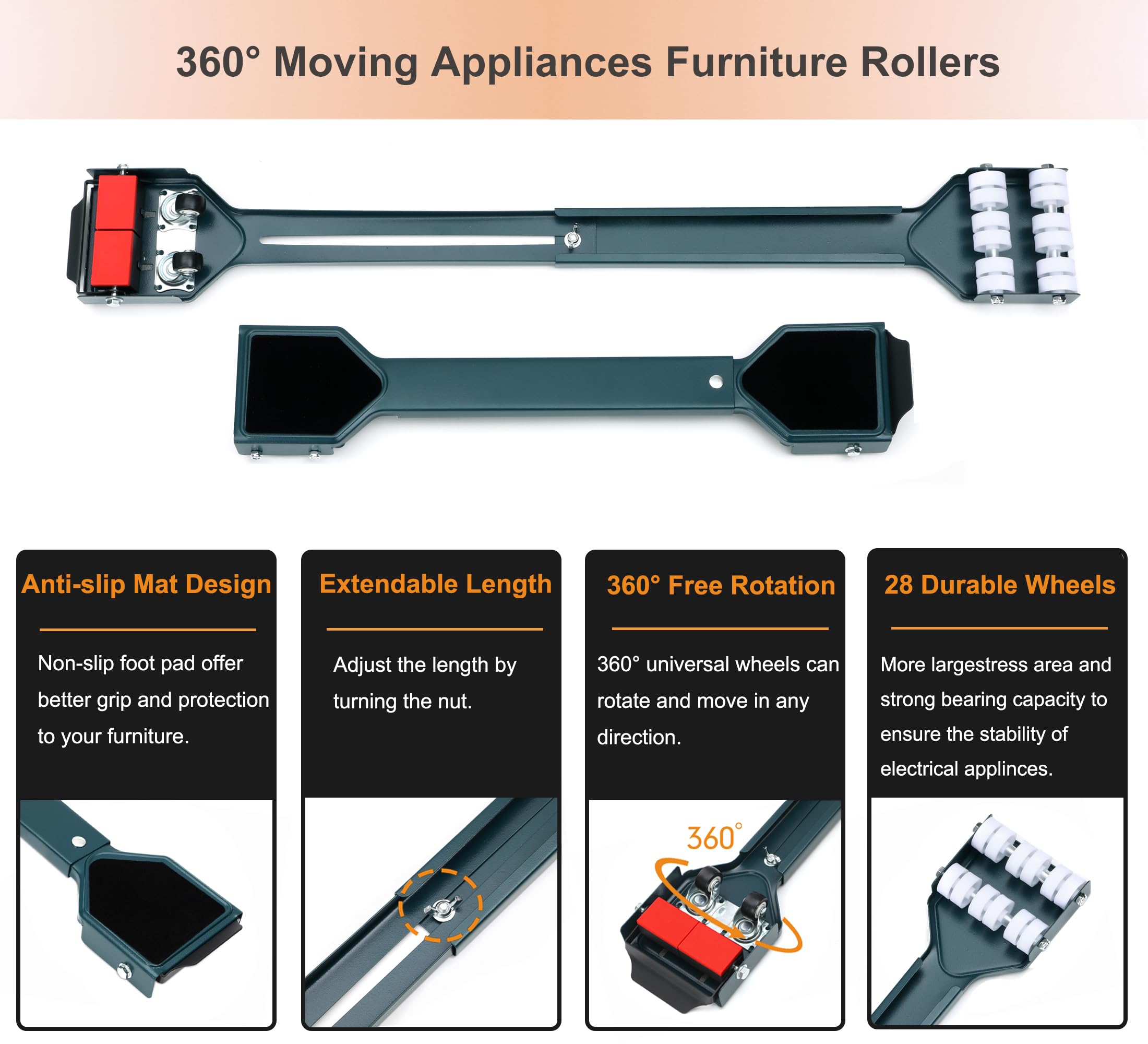 Appliance Dolly Cart with 360 Degree Moving Wheels Mini Fridge Stand Extendable Appliance Rollers Furniture Mover Mobile Roller Base for Washing Machine, Dryer, Refrigerator, Dishwashers, Furniture