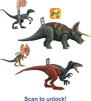 Jurassic World Dominion Survival Instincts Dinosaur Toys, set of 4 Action Figures, Blue, Dilophosaurus and Roar Strikers Megaraptor and Pteranodon Figures 