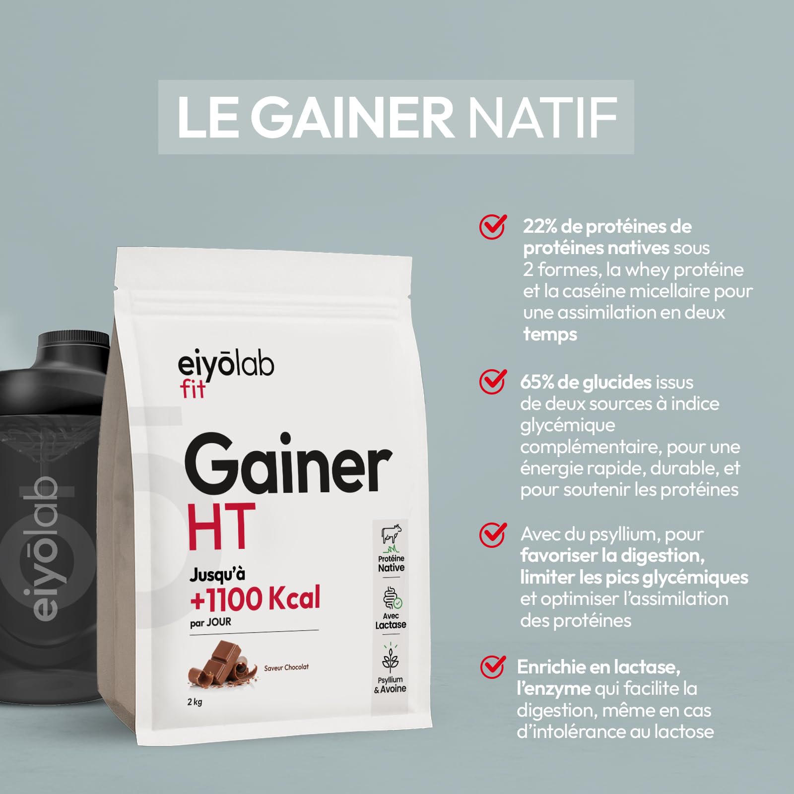 GAINER HT | 2 Sources de Protéines Natives + 2 Sources de Glucides + MCT | Gainer Prise de Masse Musculation | Whey + Caséine + Maltodextrine + Psyllium | Boisson Shaker Goût Chocolat | 2 kg | Eiyolab