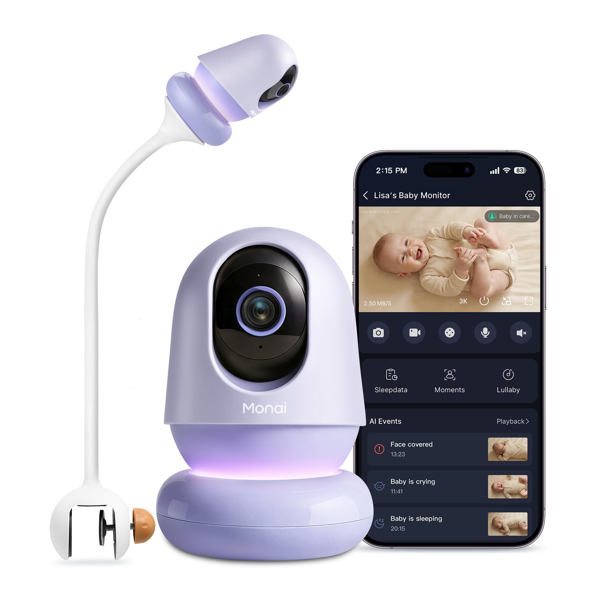 Monai Nest WiFi Baby Monitor con fotocamera e audio, portatile, batteria 8H