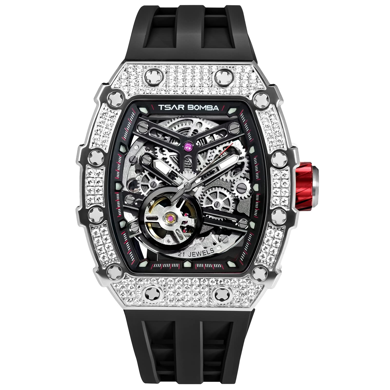 TSAR BOMBA Luxury Diamond Men's Automatic Wrist Watches - Japanese Movement Sapphire Glass - 50M Waterproof - Luminous Elegant Gift for Men TB8208 Black