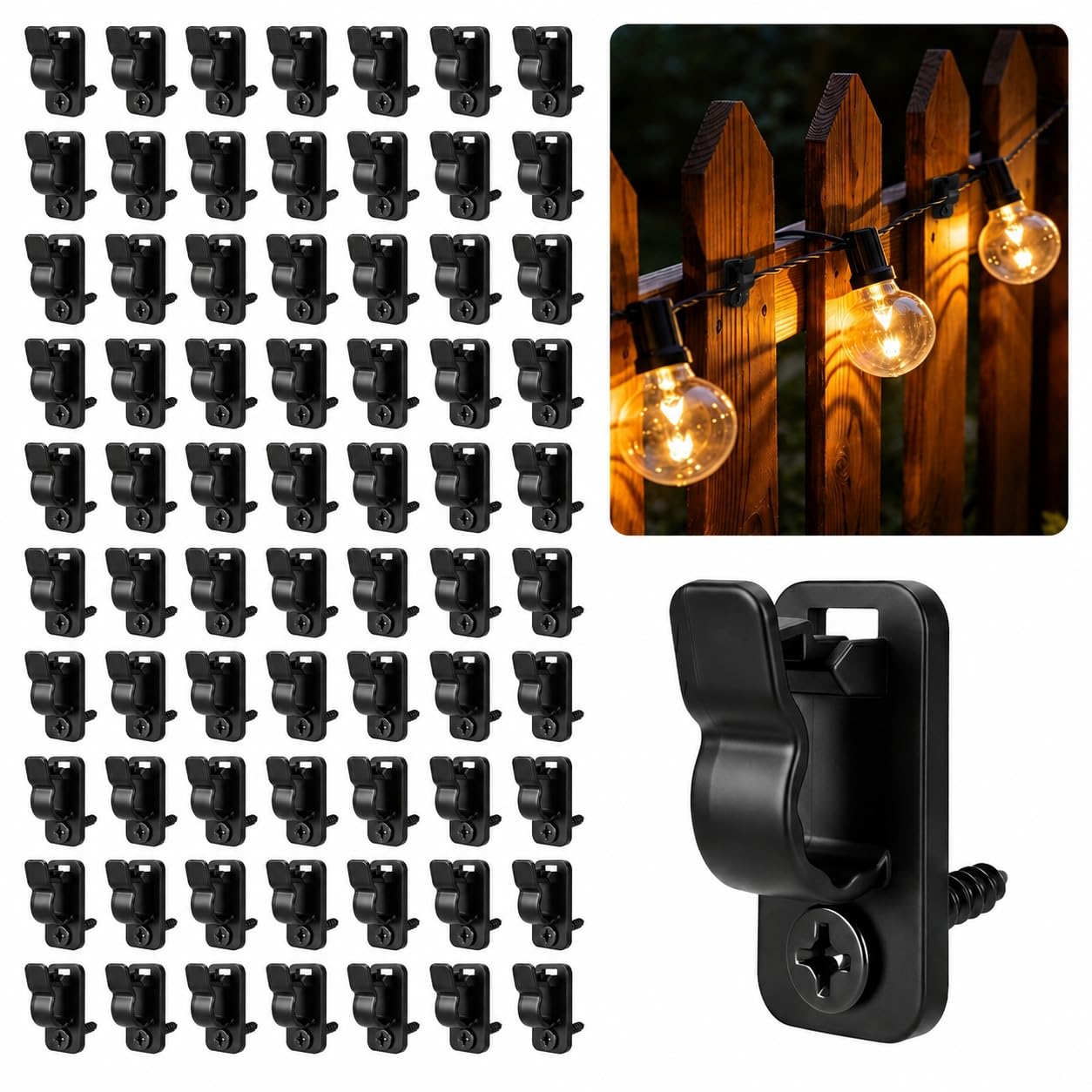 Liravonte 60 Pack Outdoor String Light Clips, Screw-in Fairy Light Hooks, Fence Panel Clips & Fence Clips for Garden, Durable Hooks for Garden Lights, Cable & Christmas String Lights (60)