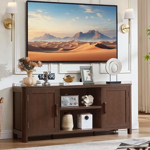 Joaxswe Farmhouse 55" Entertainment Center,Walnut Tv Stand with Adjustable Shelves