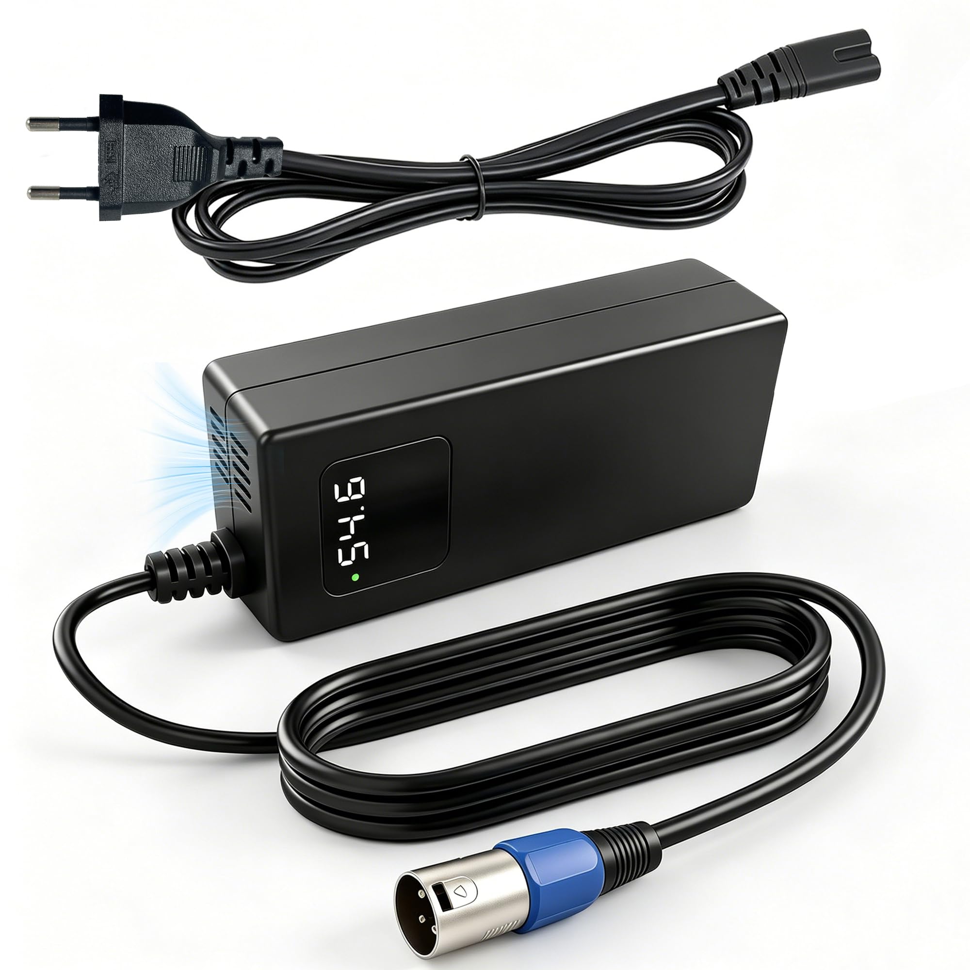 Chargeur 54,6 V 2 A pour scooter électrique, compatible avec batteries au lithium 48 V | XLR 3 broches, indicateur de tension LED, ventilateur, fonctions de protection, convient également pour les vélos électriques