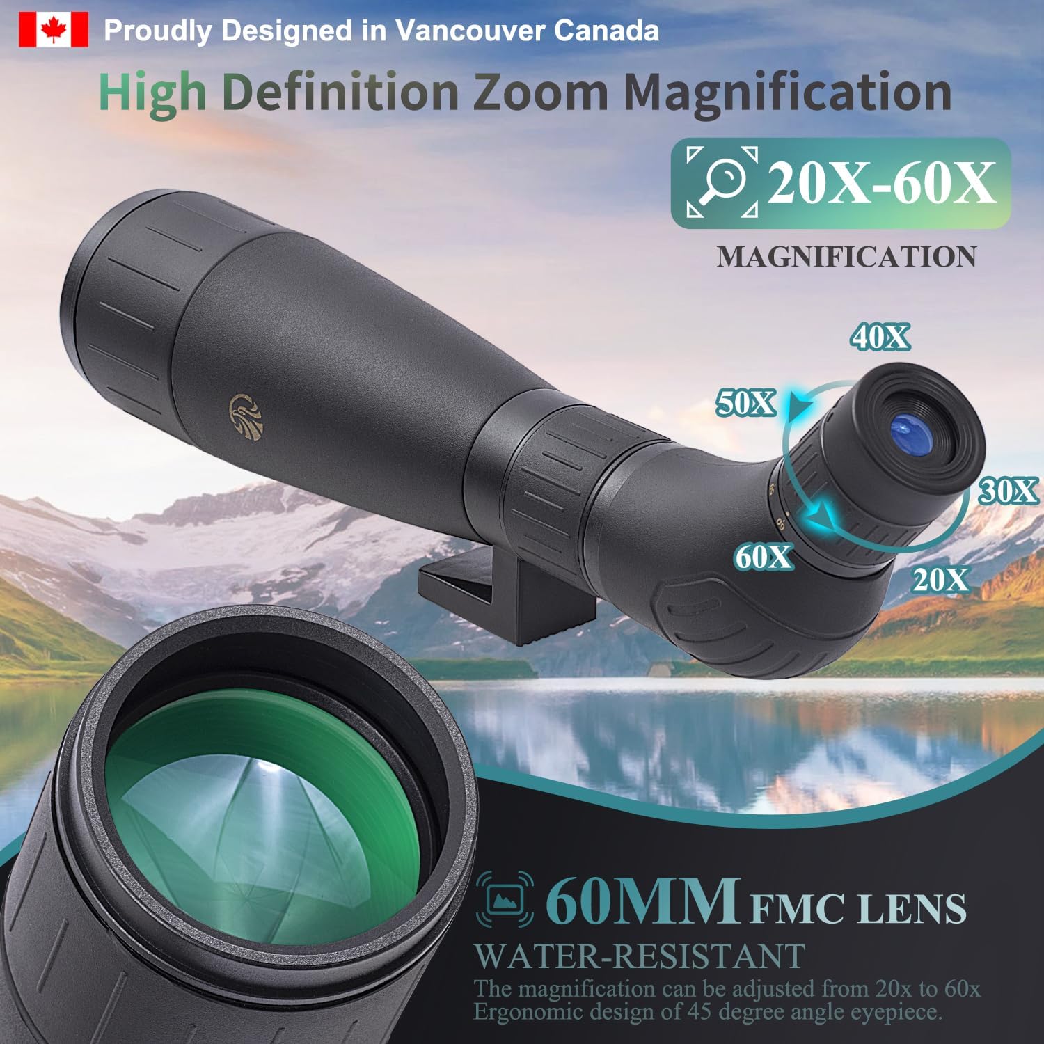 ED 20-60X60 FMC Spotting Scope Compact (Long Range Spotting, Water-Resistant) with Metal Tripod, Carry Bag, Phone Holder (ED 20-60X60)