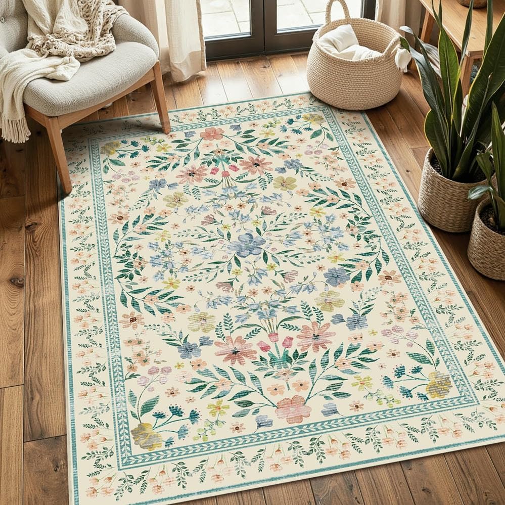 Floral Rug for Living Room Bedroom, 3x5 Washable Area Rug, Green Vintage Boho Throw Rugs, Non Slip Low Pile Carpet for Indoor Dining Room, Girls Kids Room and Nursery Room(Light Green 3x5ft)